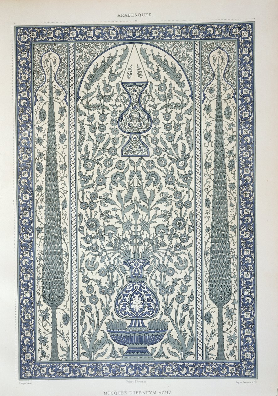 Projekt z meczetu Ibrahyma Aghy, z „Sztuka arabska widziana przez zabytki Kairu od VII wieku do końca XVIII wieku”, rytowany przez Marchanda, opublikowany w 1877 roku autorstwa Emile Prisse d