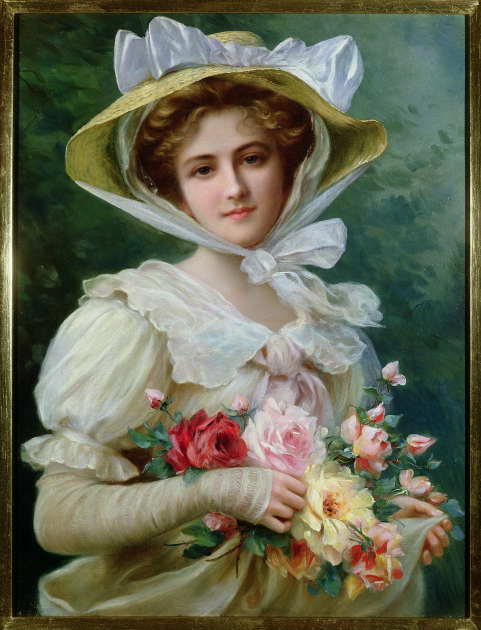 Elegancka dama z bukietem róż autorstwa Emile Vernon