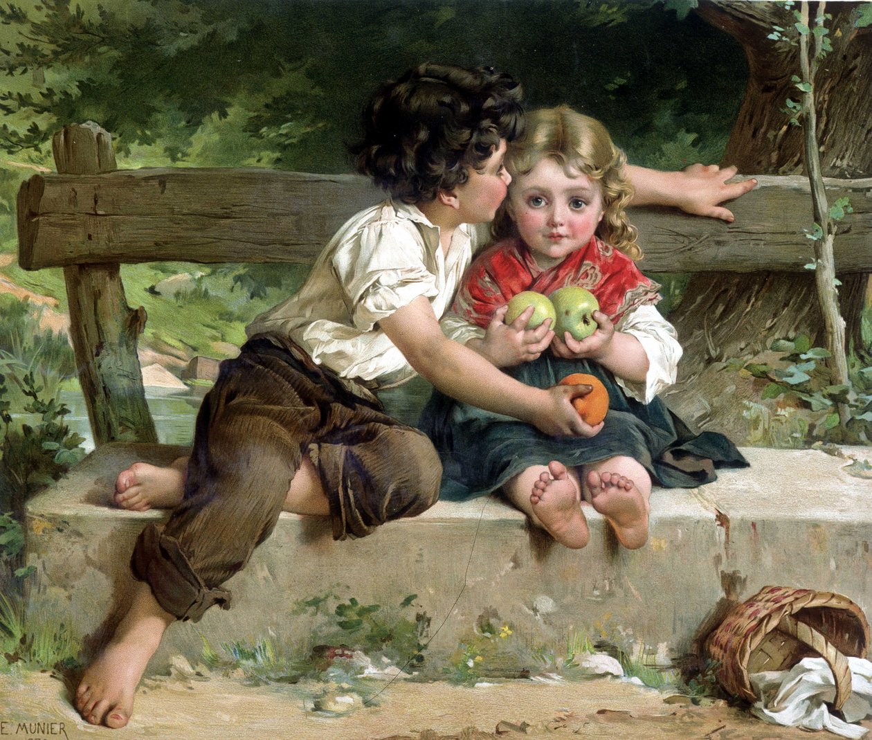 Chłopak całujący dziewczynę i dający jej jabłka, według E. Munier autorstwa Émile (after) Munier