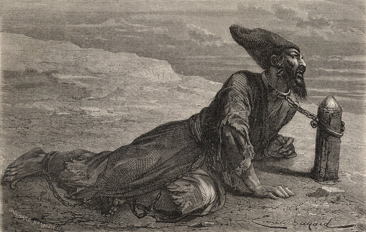 Perski niewolnik przetrzymywany w niewoli w Turcji, ilustracja z „Świata w rękach”, rycina: Gauchard-Brunier, opublikowana w 1878 r. (rycina) autorstwa Emile Antoine (after) Bayard