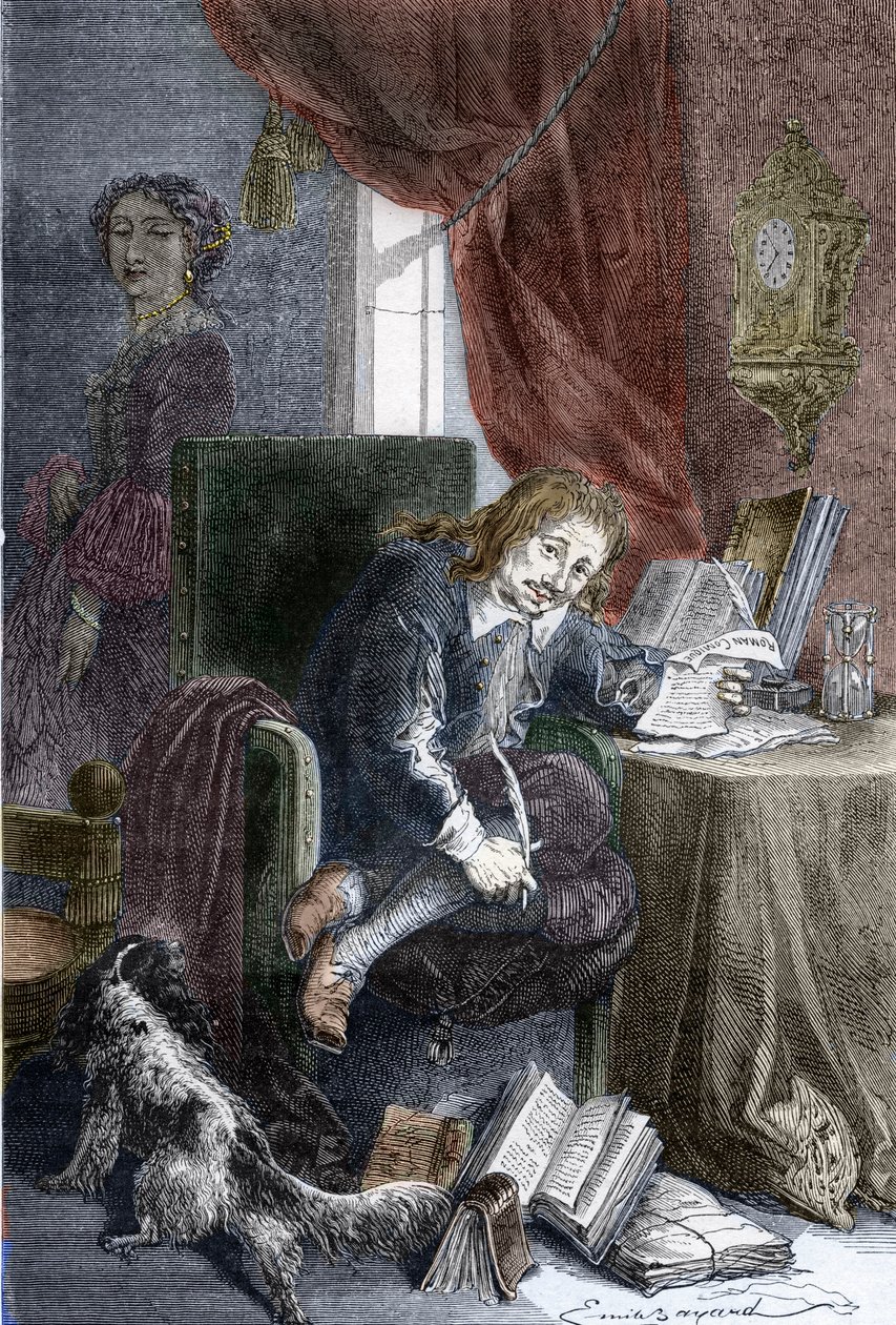 Portret francuskiego pisarza Paula Scarrona (1610-1660), autora komedii burleskowych, jest on przedstawiony na krześle dla niepełnosprawnych, jego żona Francoise d