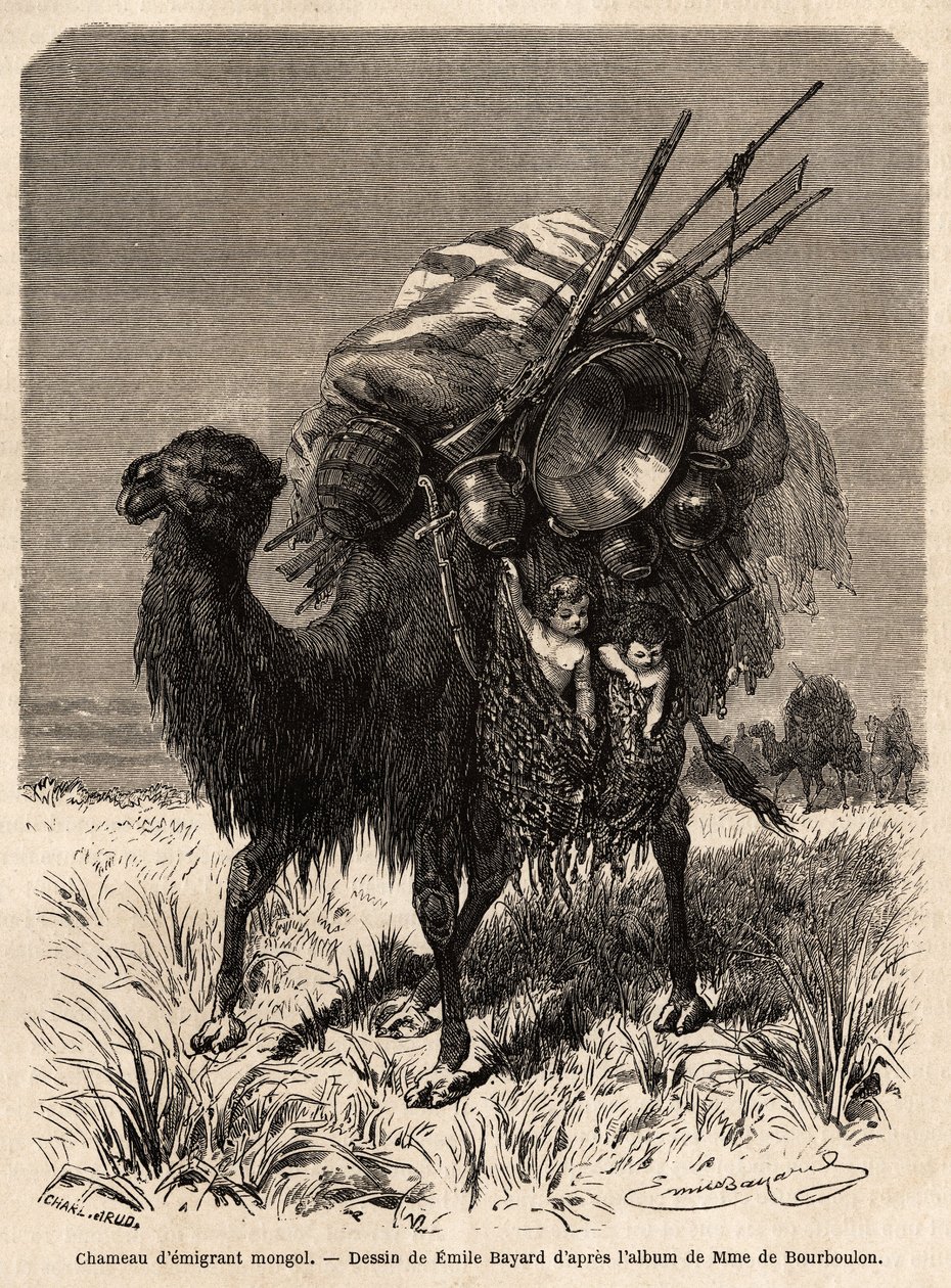 Mongolski wielbłąd emigrant, niosący prowiant, różne naczynia, dywany, koce i drewno ramy namiotu, a także małe dzieci w wiszących koszach. Rysunek Emile