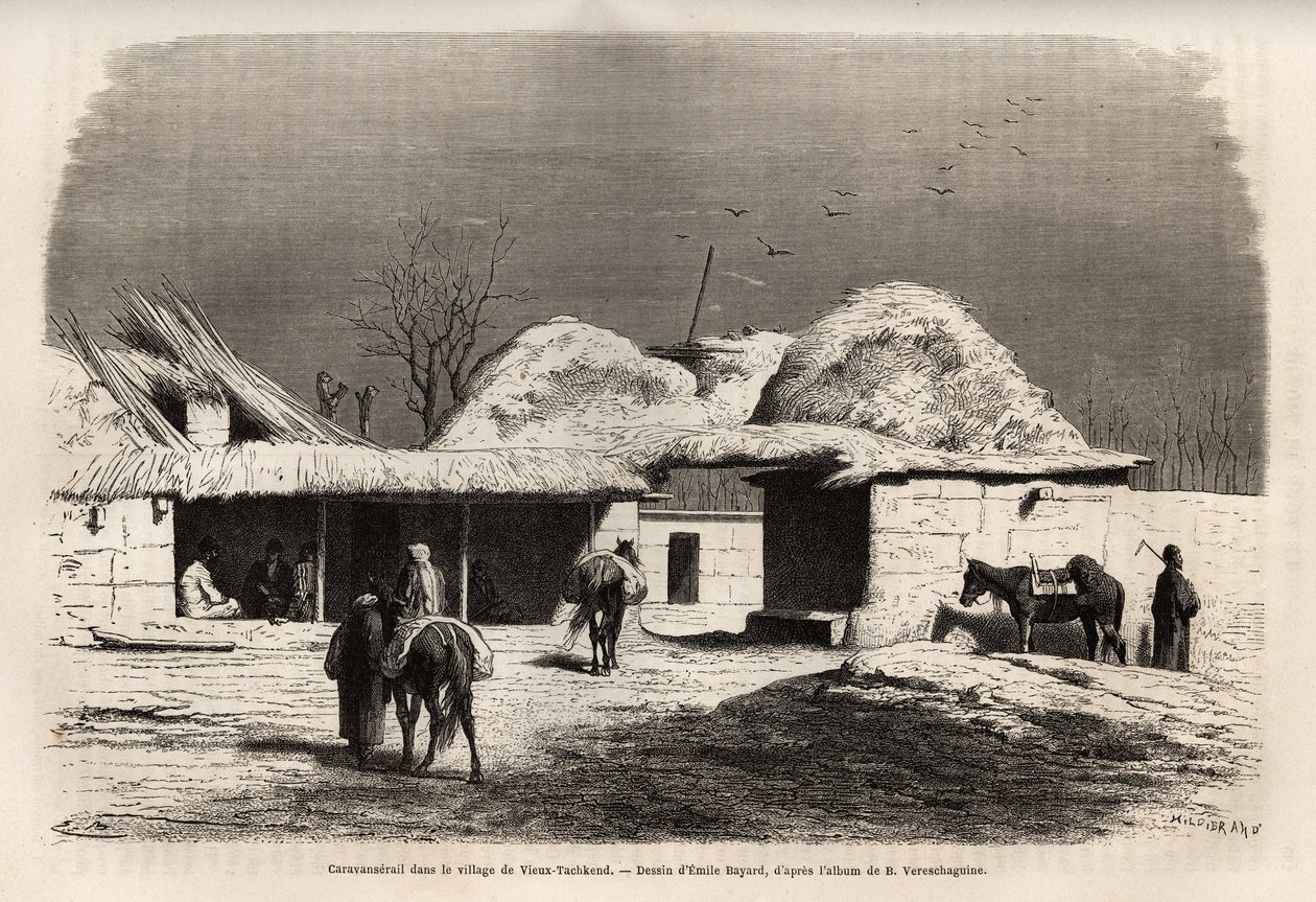 Karawanseraj we wsi Stary Taszkent (lub Taszkend), stolicy rosyjskiego Turkiestanu, rytowany według rysunku Emila Bayarda, ilustrujący podróż Bazylego Vereschagin do Azji Środkowej w latach 1867-1868, opublikowany w „Le tour du monde” 1873, pod red. PA autorstwa Emile Antoine Bayard