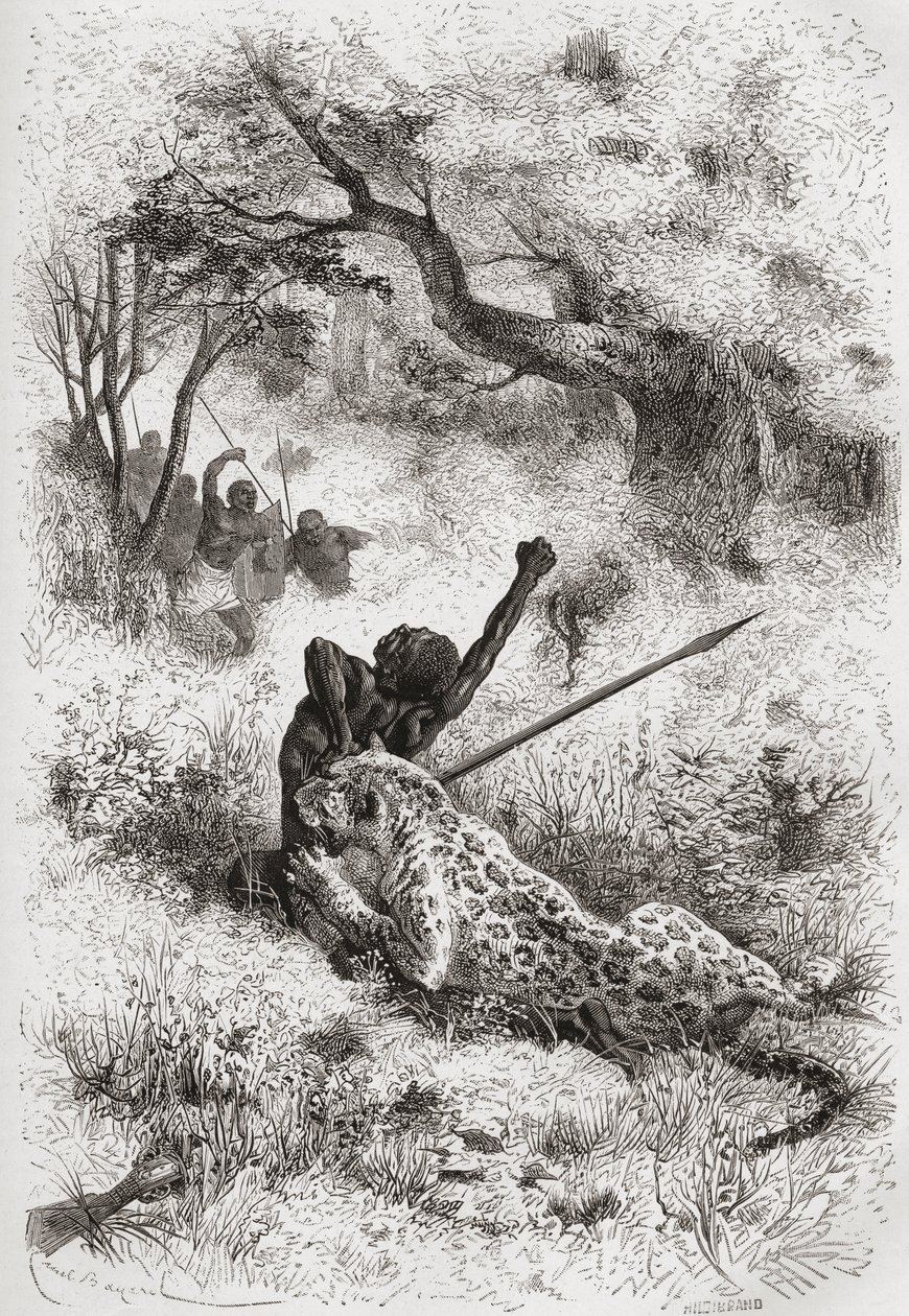 Lampart atakujący Afrykanina, ilustracja ze „Świata w rękach”, sztychowana przez Henri Theophile Hildibrand (1824-97), opublikowana w 1878 r. autorstwa Emile Antoine Bayard