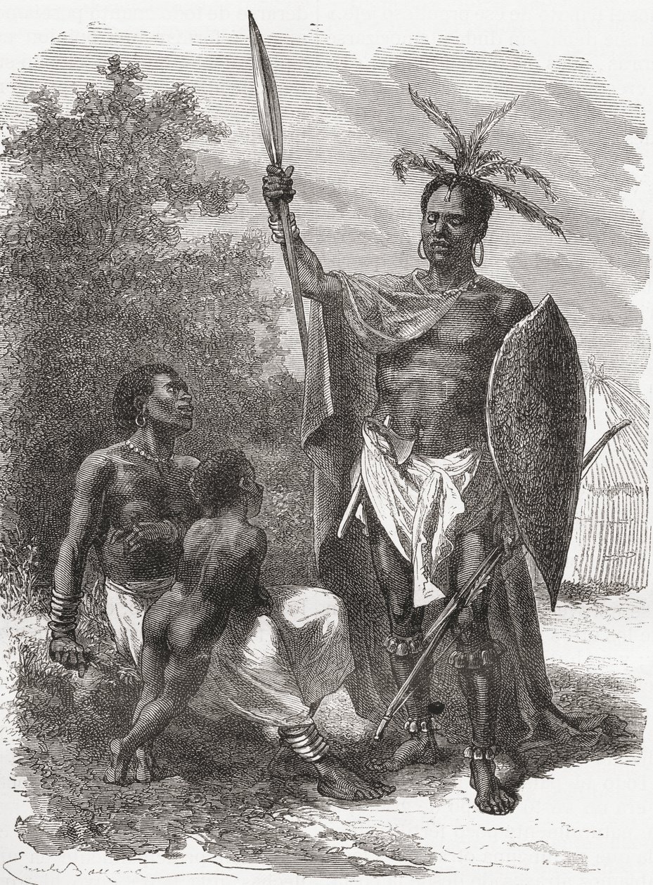 Pochodzący z Ougogo w Afryce Środkowej, w stroju wojennym, ilustracja ze „Świata w rękach”, opublikowana w 1878 r. autorstwa Emile Antoine Bayard