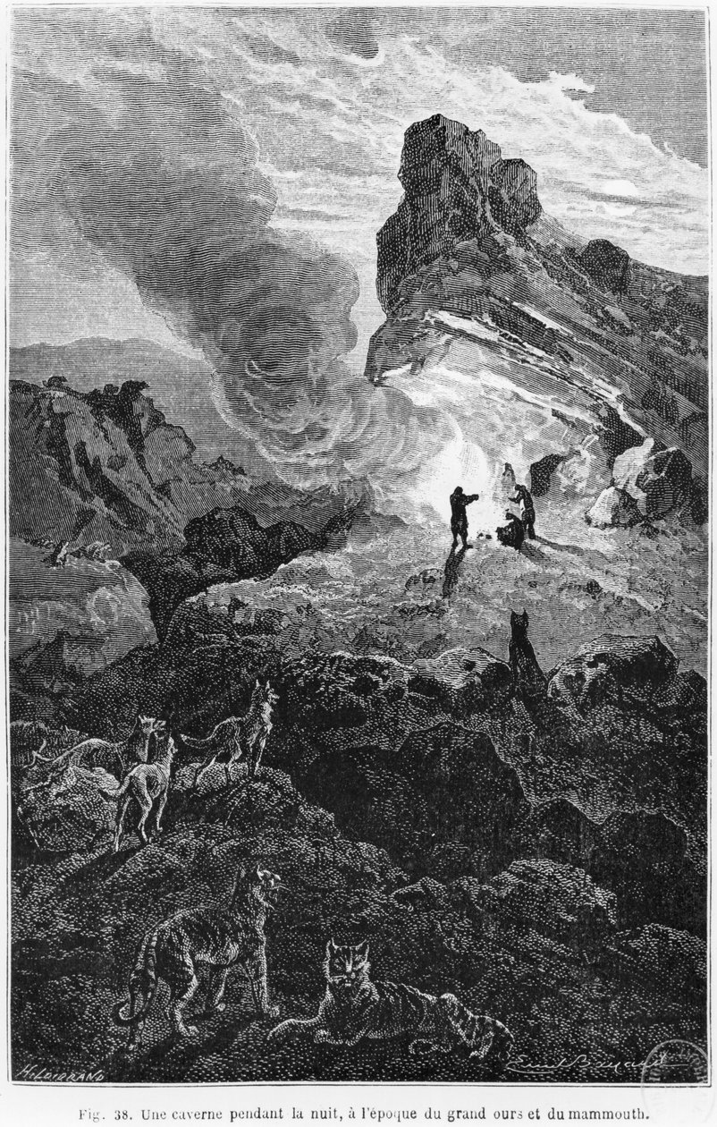 Prehistoryczna jaskinia nocą, ilustracja z „L