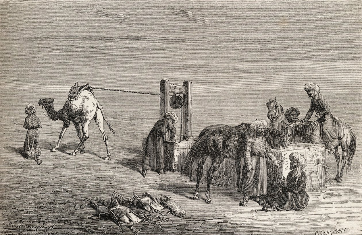 Studnia na pustyni między Samarkandą i Karshi w Uzbekistanie, ilustracja ze „Świata w rękach”, rytowana przez Charlesa Laplante (zm. 1903), opublikowana w 1878 r. autorstwa Emile Antoine Bayard
