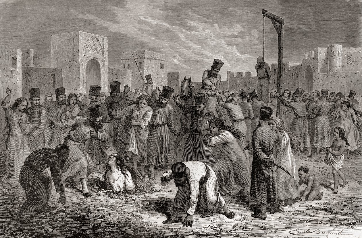 Cudzołożnicy kamienowani i wieszani w Turcji, ilustracja ze „Świata w rękach”, rycina Huyota, opublikowana w 1878 r. autorstwa Emile Antoine Bayard