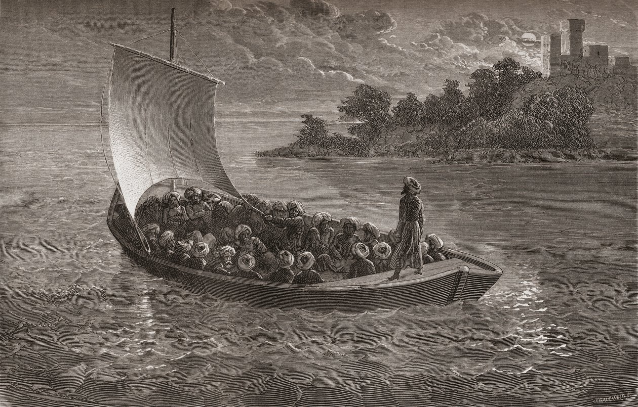 Arminio Vambery i jego towarzysze żeglujący po Morzu Kaspijskim w 1863 r., ilustracja ze „Świata w rękach”, sztychowanej przez Gaucharda, opublikowana w 1878 r. autorstwa Emile Antoine Bayard