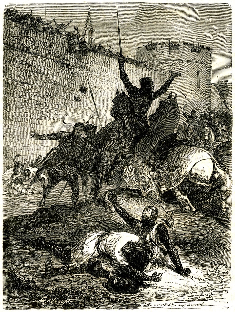 Krucjata przeciwko Albigeois - Oblężenie Tuluzy, 25 czerwca 1218. Brat Szymona de Montfort został właśnie ranny strzałą, a sam Szymon de Montfort ma zostać zabity kulą rzutów katapultą, podobno przez jedną z kobiet z Tuluzy, który jest autorstwa Emile Antoine Bayard