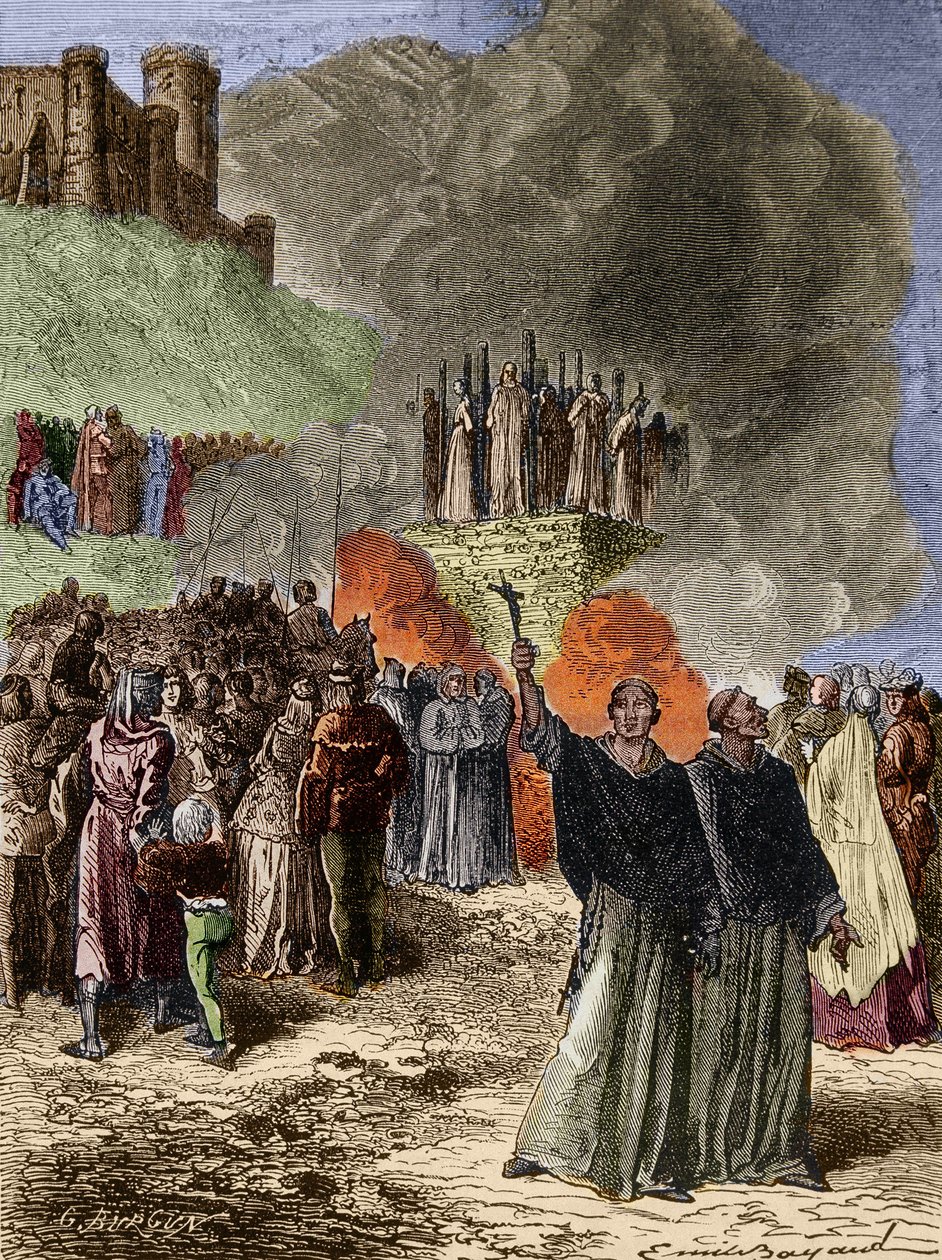 Krucjata przeciwko Albigeois - Ostatni obrońcy Montsegur (Cathare) spalili się na rzeźniku w 1244 - Grawerowanie Emile