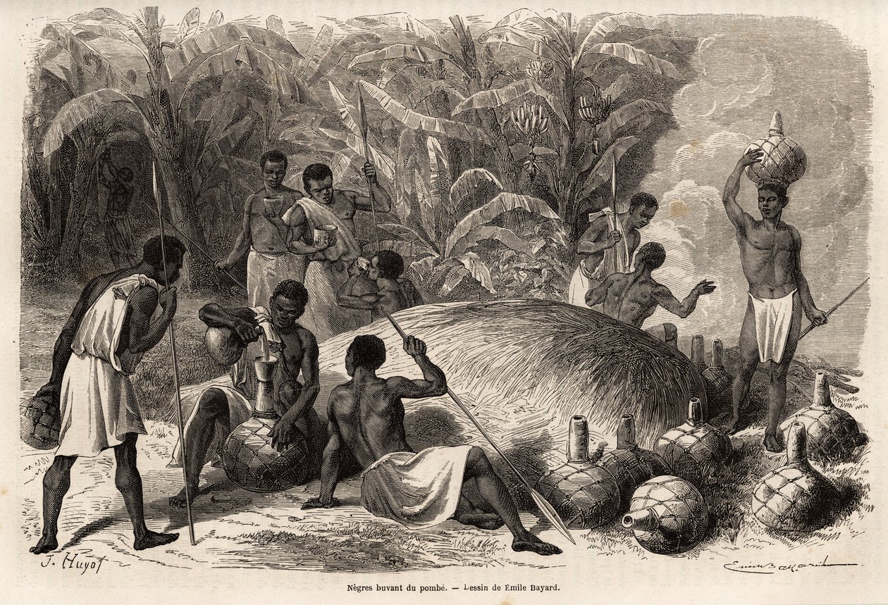 Degustacja pombe (napoju alkoholowego przez fermentację), w Karague (na zachód od Jeziora Wiktorii, w dzisiejszym Zimbabwe), rysunek Emile