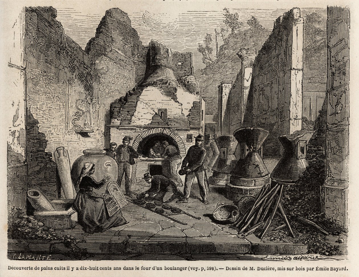 Odkryty przez piec piekarniczy i zakonserwowany chleb w popiele podczas wykopalisk w 1864 r. w Pompejach, rysunek Emile Bayard (1837-1891), ilustrujący tekst Marca Monniera (1829-1885) „Pompeje i Pompejanie”. Grawerowanie w „”Le tour du monde””, pod redakc autorstwa Emile Antoine Bayard