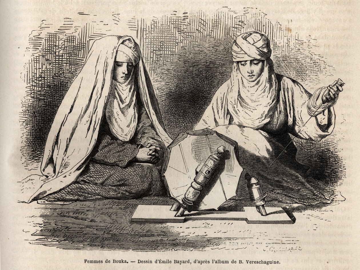 Femmes de Boukhara (Uzbekistan), pracujące nad swoją pracą do przędzenia, grawerowania według rysunku Emile