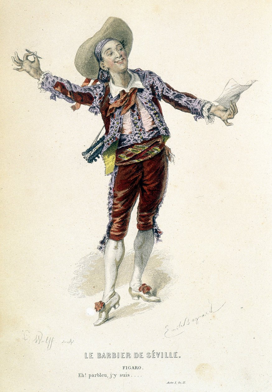 Figaro w „Cyruliku sewilskim” w „Oeuvres dopełnia de Beaumarchais”, wyd. Laplace Sanchez & cie, Paryż autorstwa Emile Antoine Bayard