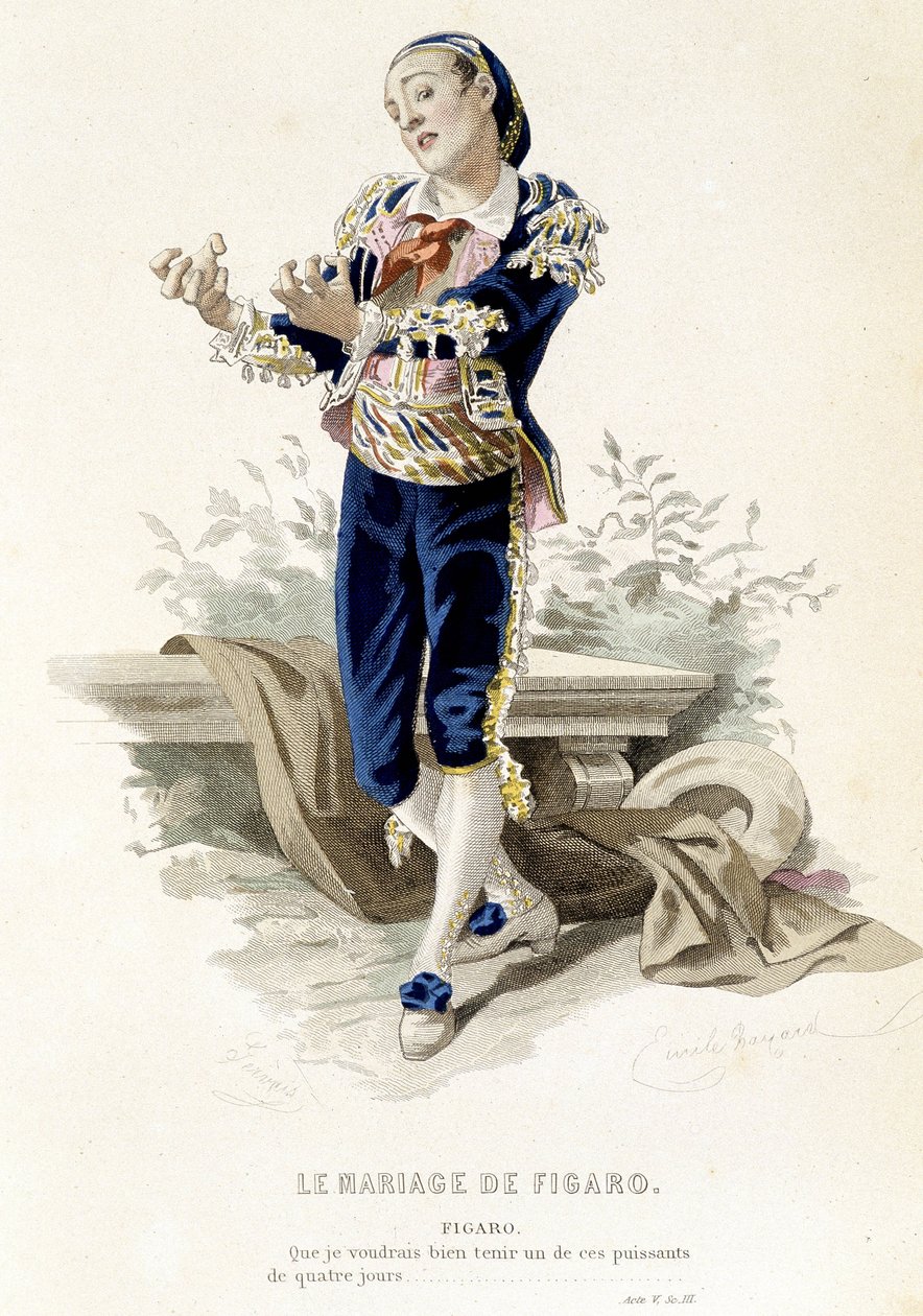 Figaro w „”Weselu Figara”” – w „”Dziełach wszystkich Beaumarchais””, rysunkach Emile Bayard, ed. Laplace Sanchez & cie, Paryż autorstwa Emile Antoine Bayard
