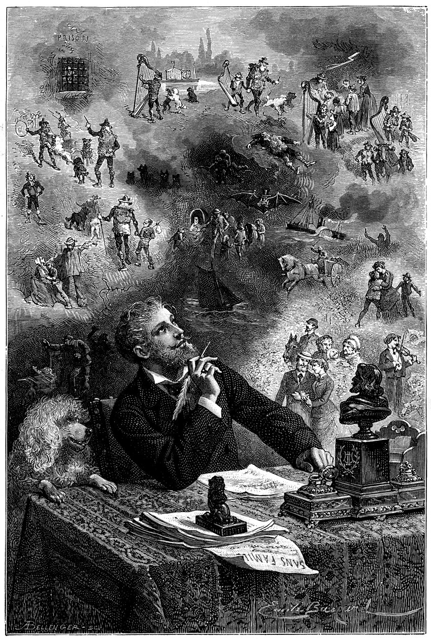 Frontispice autorstwa Emile Bayarda za wydanie Hetzel 1880 powieści Hectora Malota „„ Sans Famille ””: pisarz przy swoim stole roboczym wyobraża sobie swoich bohaterów i wątek swojej książki - Remiego i członków trupy Monsieur Vitalis, podróżującego artyst autorstwa Emile Antoine Bayard
