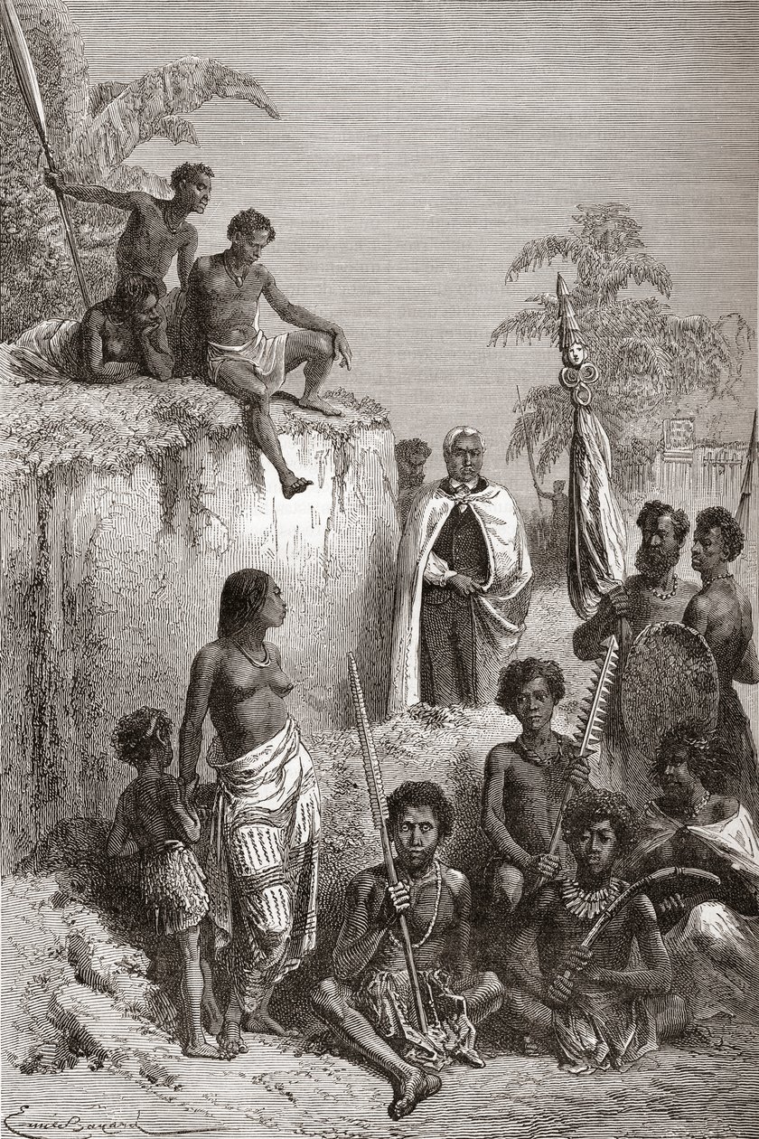 Hawajski król Kamehameha I i jego wojownicy, ilustracja z „Świata w rękach”, opublikowana w 1878 r. (rycina) autorstwa Emile Antoine Bayard