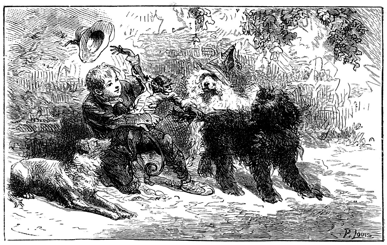 Ilustracja autorstwa Emile Bayard do powieści Hectora Malota "Sans Famille": Remi bawi się ze swoimi przyjaciółmi, uczonymi zwierzętami z trupy Monsieur Vitalisa, wędrownym artystą - Joli-Coeur (piękne serce), małpką i trzema psami Capi, Zerbino i Dol. autorstwa Emile Antoine Bayard