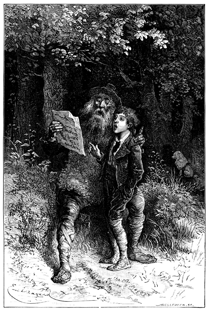 Ilustracja autorstwa Emile Bayard do powieści Hectora Malota "Sans Famille": Remi śpiewa z Monsieur Vitalisem, wędrownym artystą - muzykiem ulicznym, saltimbank - Edition Hetzel 1880 -. autorstwa Emile Antoine Bayard