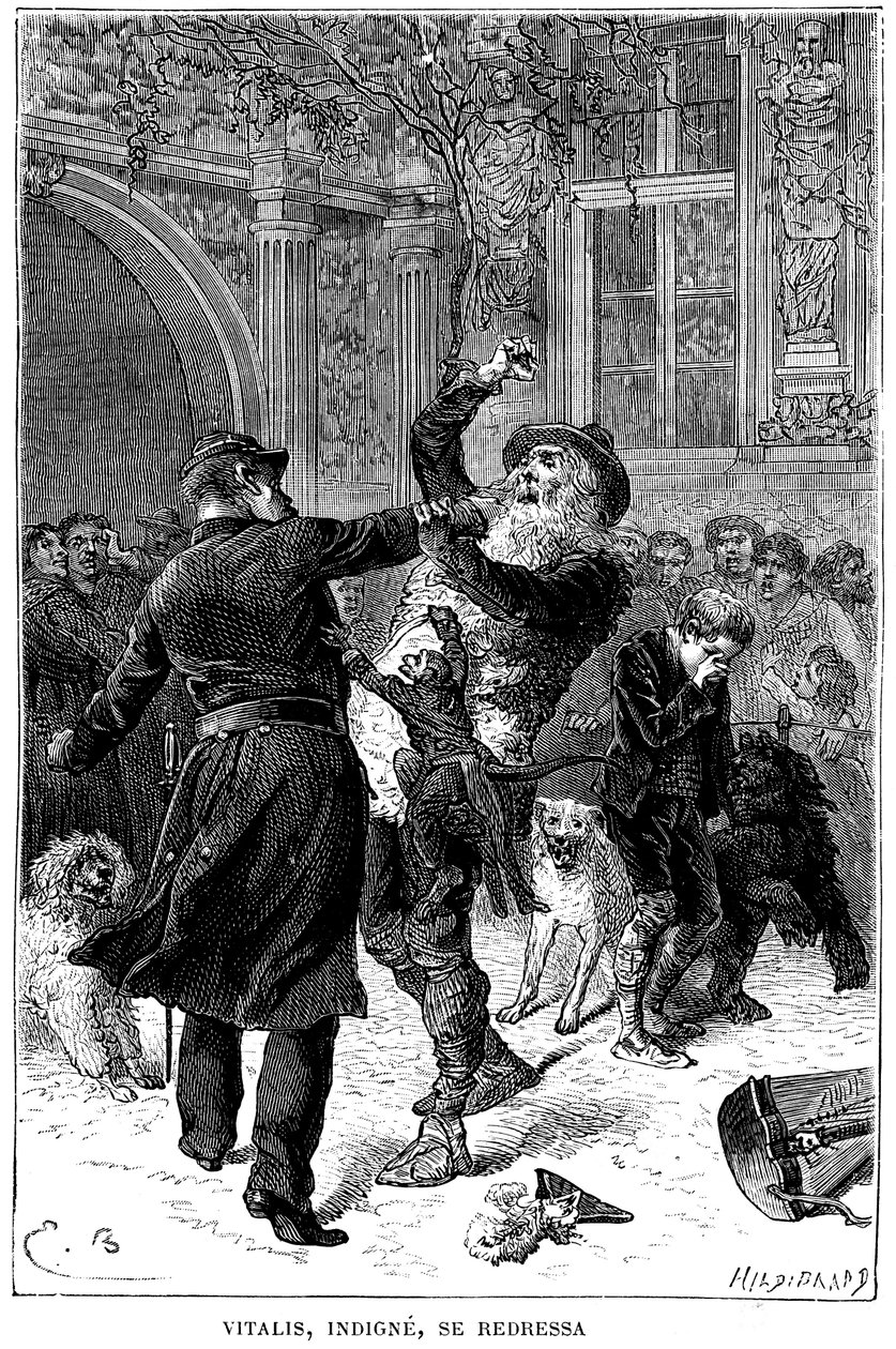 Ilustracja Emila Bayarda do powieści Hectora Malota „Sans Famille”: w Tuluzie niegodny monsieur Vitalis zostaje aresztowany przez policjanta na oczach Remiego i jego przyjaciół, uczonych zwierząt trupy: Joli-Coeur (ładne serce ), małpa i autorstwa Emile Antoine Bayard