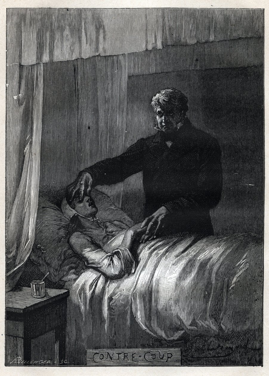 Jean Valjean zamyka oczy martwej Fantine – ilustracja Emile Bayard (1837-1891) do „Nędzników – pierwsza część: Fantine” Victora Hugo (1802-1885) 1862 autorstwa Emile Antoine Bayard
