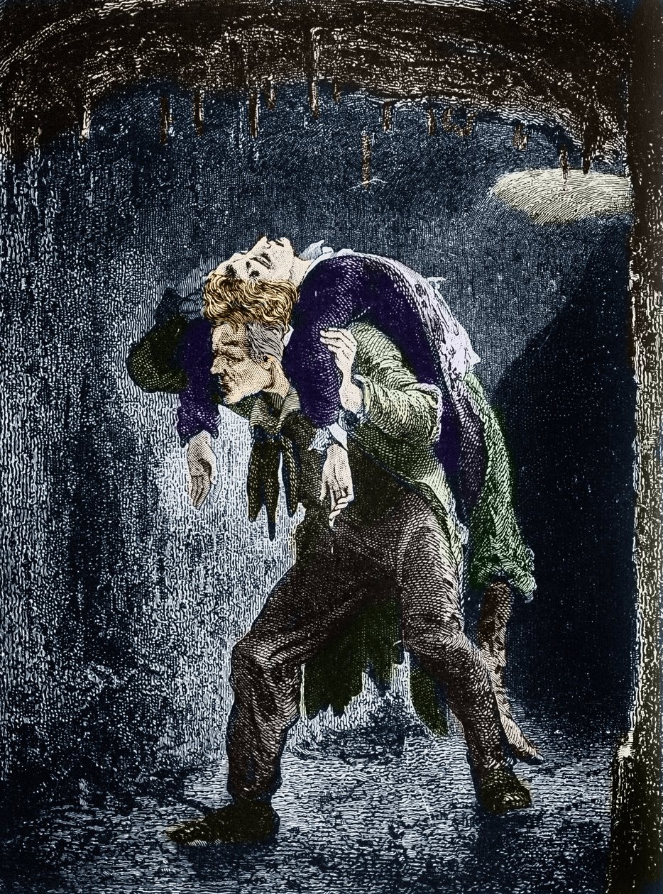 Jean Valjean, Marius ranny na plecach, uciekający w wodach Paryża Ilustracja do powieści „Nędznicy” autorstwa Victora Hugo (1802-1885) Ilustracja Emile Bayard - (Jean Valjean niesie Mariusa na plecach kanałami Paryż) Grawerowanie Pr autorstwa Emile Antoine Bayard