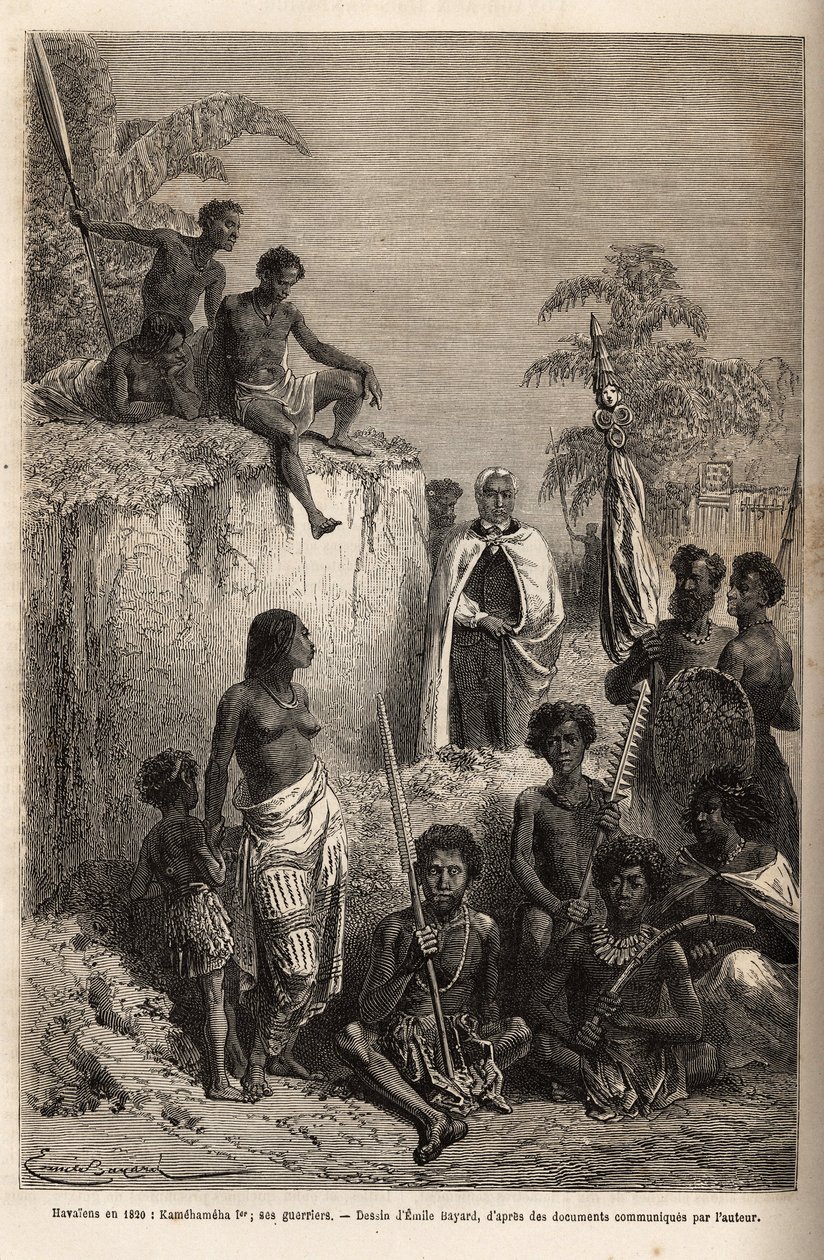 Kamehameha I (ok. 1758-1819), król Wysp Hawajskich i założyciel ich jednostki, otoczył hawajskich wojowników i niektórych poddanych w Honolulu, rycina wg rysunku Emila Bayarda, ilustrująca wyprawę na Wyspy Sandwich, w latach 1855-69 , przez C autorstwa Emile Antoine Bayard