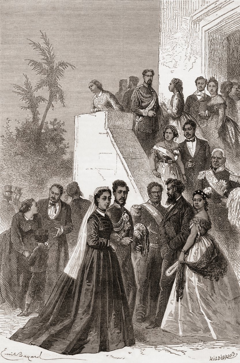 Kamehameha V, centrum, wraz z rodziną, ilustracja ze „Świata w rękach”, rycina Henri Theophile Hildibrand (1824-97), wydana 1878 autorstwa Emile Antoine Bayard
