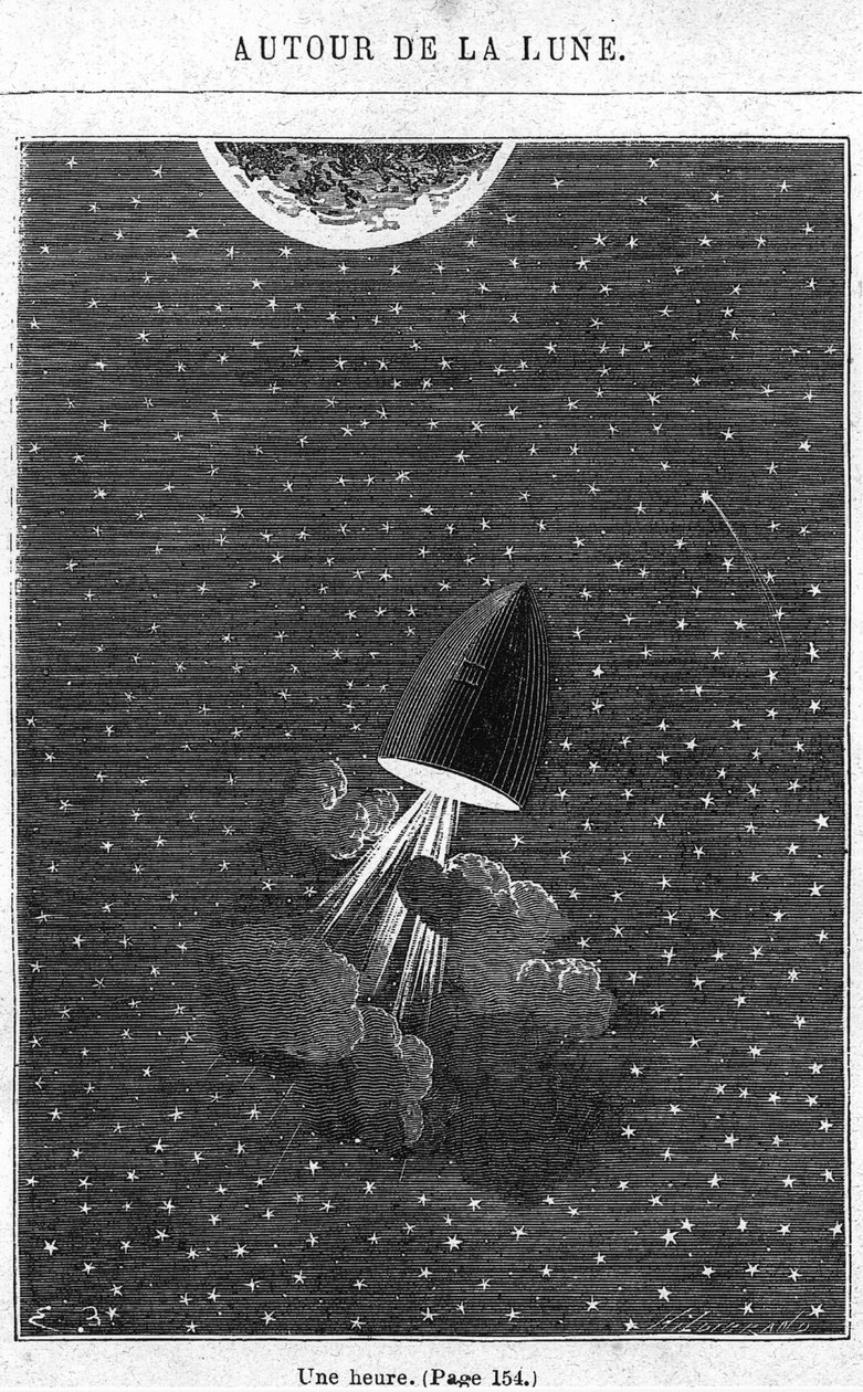 Leaving for the Moon, ilustracja z "Around the Moon" Jules Verne (1828-1905) Paryż, Hetzel, rycina Henri Theophile Hildibrand (1824-97) autorstwa Emile Antoine Bayard