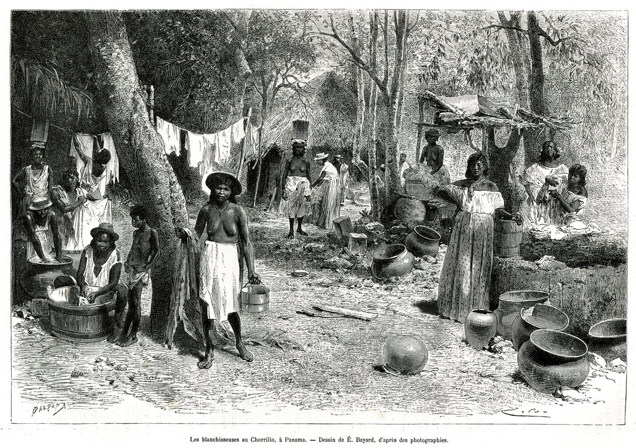 Les blanchisseuses au Chorillo, Panama, rycina wg rysunku E.Bayarda, dla zilustrowania opowiadania Eksploracja przesmyków Panamy i Darien przez A. Reclusa, porucznika statku, 1876-1878, opublikowana w tour du monde, pod kierownictwem autorstwa Emile Antoine Bayard