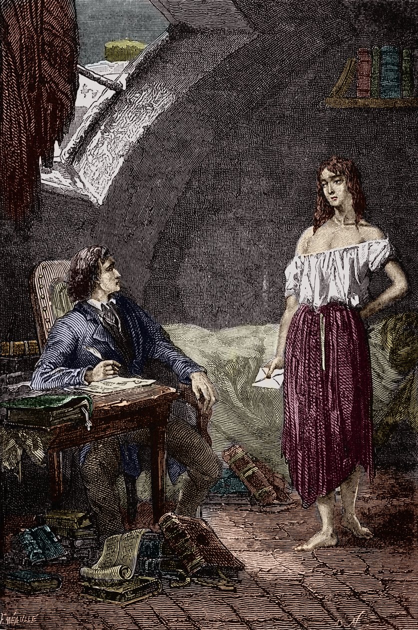 Marius i Eponine, starsza córka Thenardierów i zakochana w Mariusie Ilustracja do powieści „Les Miserables” Victora Hugo (1802-1885) Ilustracja Emile Bayard - (Eponine Thenardier (dziewczyna Jondrette) i Marius) Grawerowanie Zbiory prywatne autorstwa Emile Antoine Bayard
