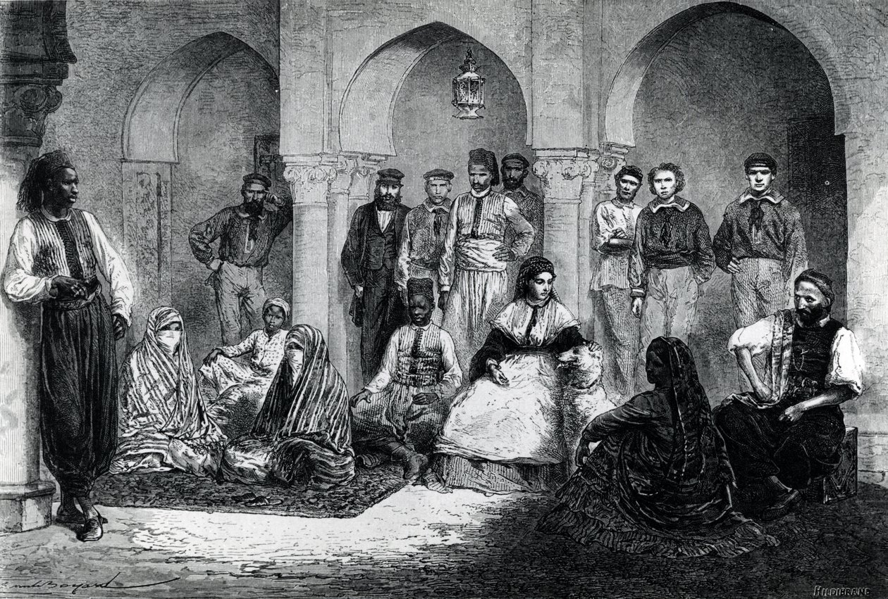 Panna Tinne z personelem domu, Algier, ilustracja z "Le Tour du Monde", 1871 r. autorstwa Emile Antoine Bayard