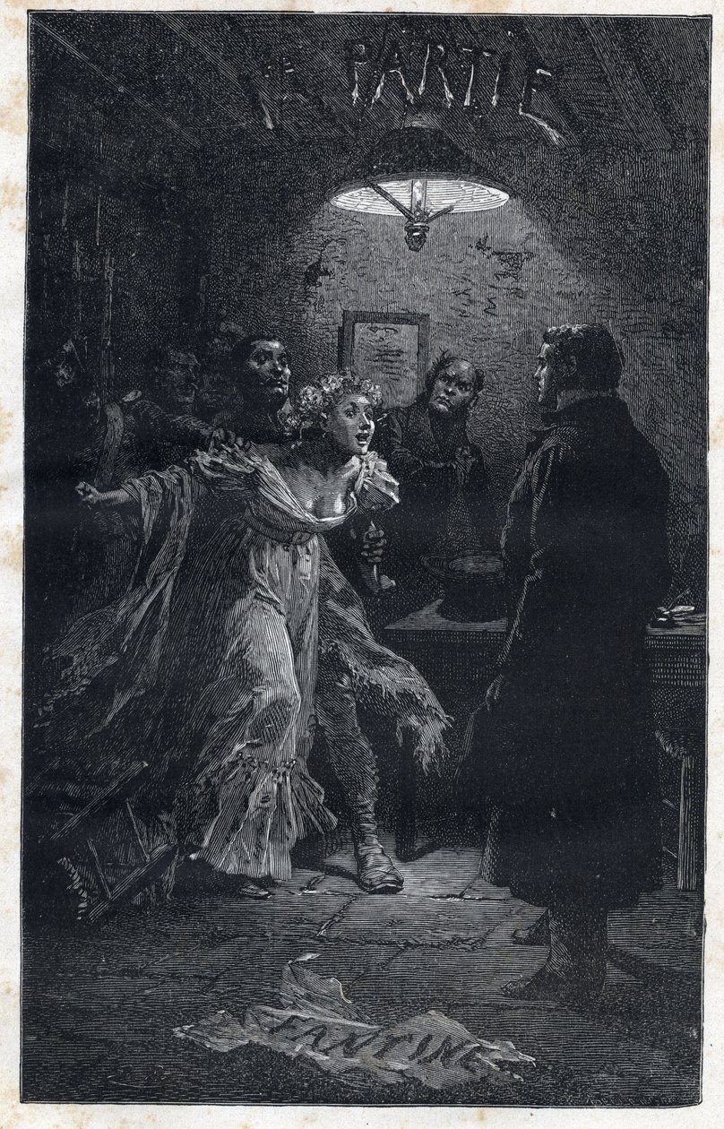 Monsieur Madeleine przybywa na ratunek Fantine w momencie jego aresztowania przez Javerta - Ilustracja Emile Bayard (1837-1891) do „” Les miserables - Premiere party: Fantine” Victora Hugo (1802-1885) 1862 autorstwa Emile Antoine Bayard