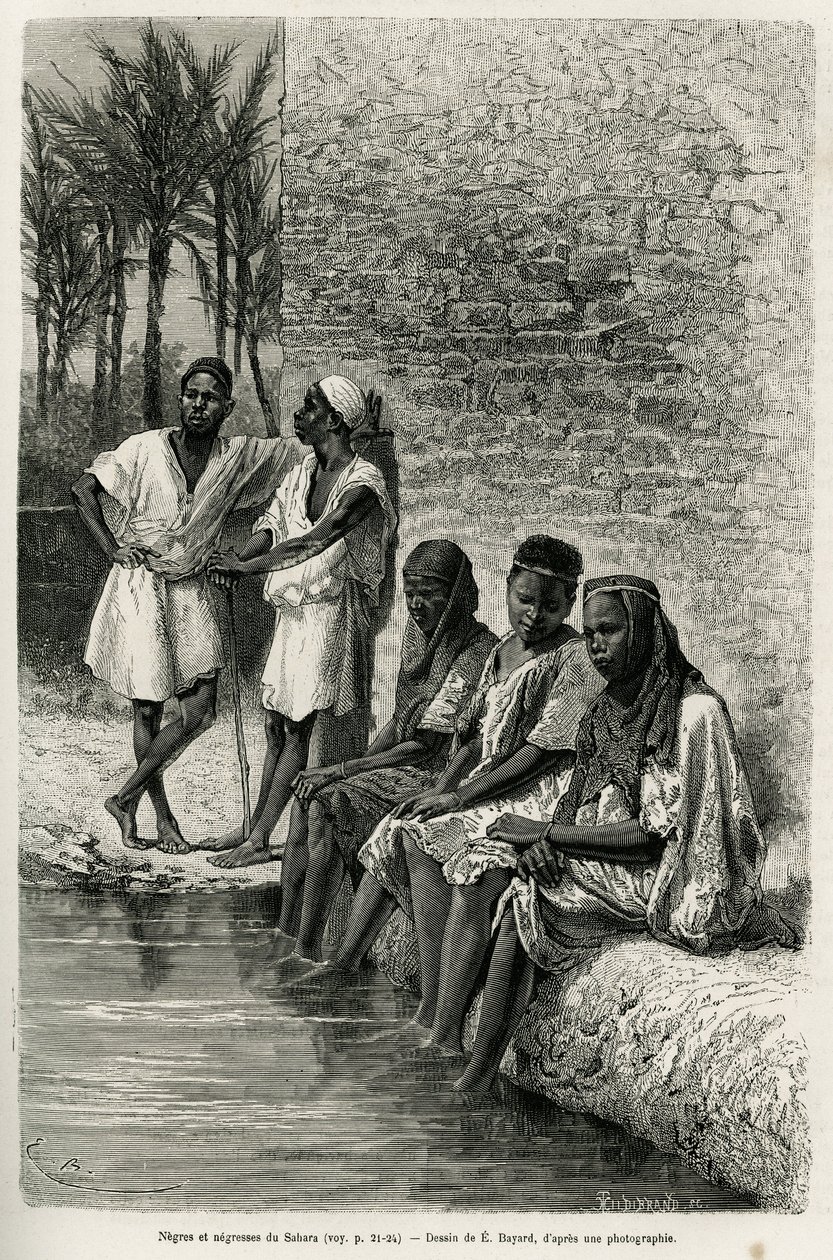 Murzyni i Murzyni z Sahary, nad brzegami rzeki Oued Rihr. Grawerowanie E.Bayarda, dla zilustrowania algierskiej Sahary, autorstwa V.Largeau, w latach 1874-1878, opublikowane w Tour du monde, pod kierunkiem Edouarda Chartona (1807-1890) autorstwa Emile Antoine Bayard