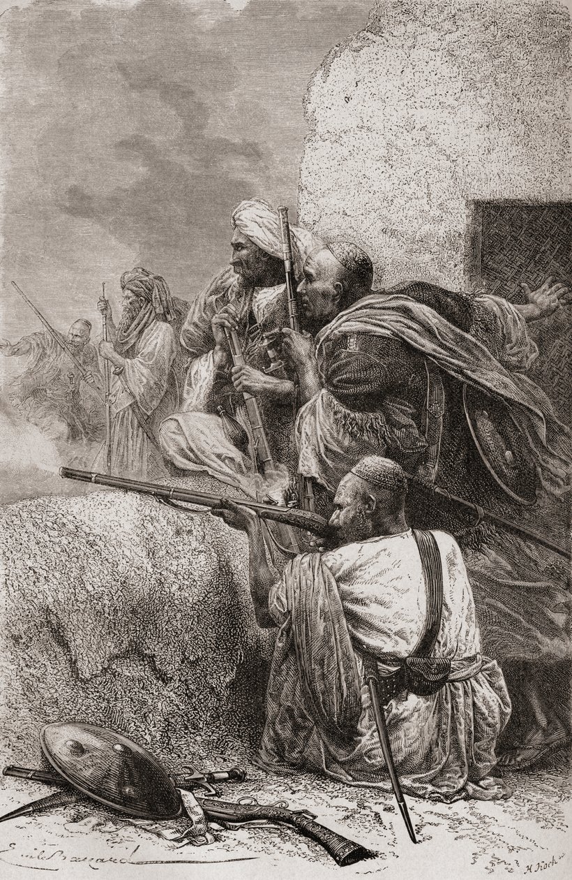 Północnoafgańscy rebelianci walczący z Brytyjczykami w górach Hazara w Pakistanie, podczas rządów brytyjskich, 1878 autorstwa Emile Antoine Bayard