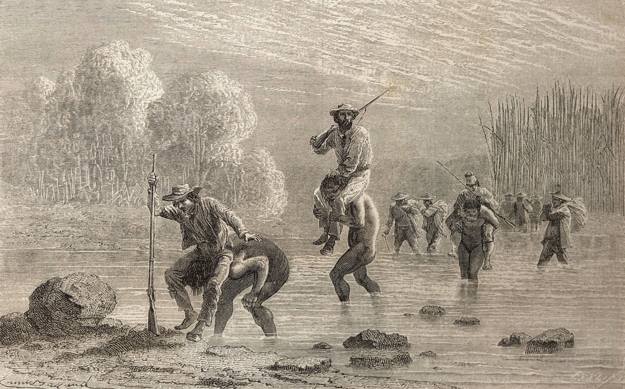 Paul Marcoy i jego ekspedycja przenoszeni przez bagna w Argentynie przez indian Chuncho w 1874 r., ilustracja ze „Świata w rękach”, opublikowana w 1878 r. autorstwa Emile Antoine Bayard