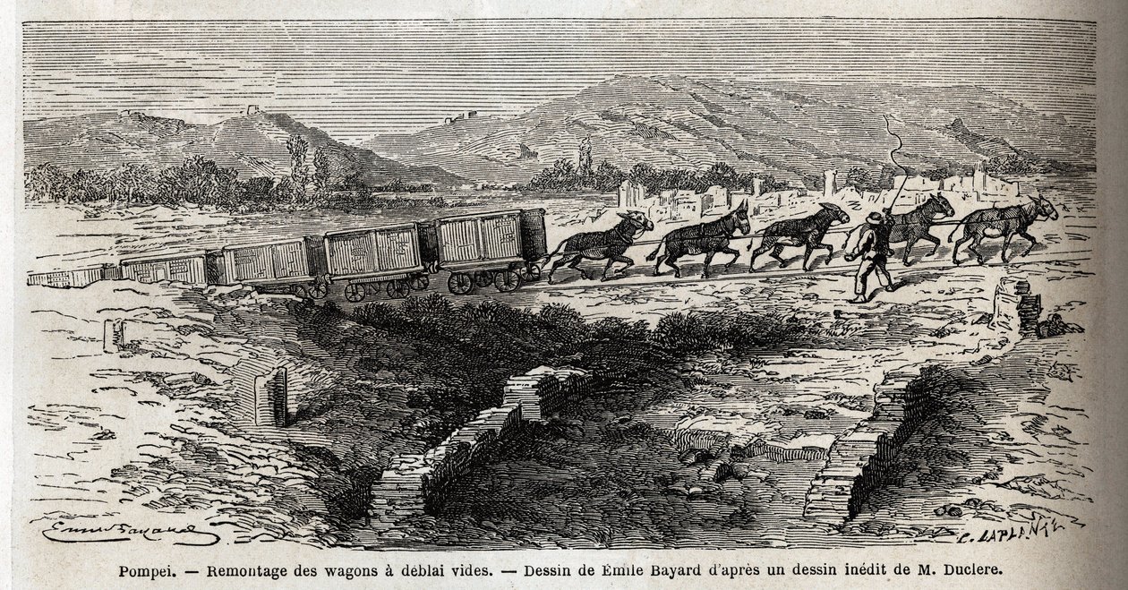 Ponowny montaż pustych wagonów podczas wykopalisk w 1864 r. w Pompejach, rys. Emile Bayard (1837-1891), dla zilustrowania tekstu Marca Monniera (1829-1885) „Pompeje i Pompejanie”. Grawerowanie w „”Le tour du monde””, pod redakcją Edouarda Chartona autorstwa Emile Antoine Bayard