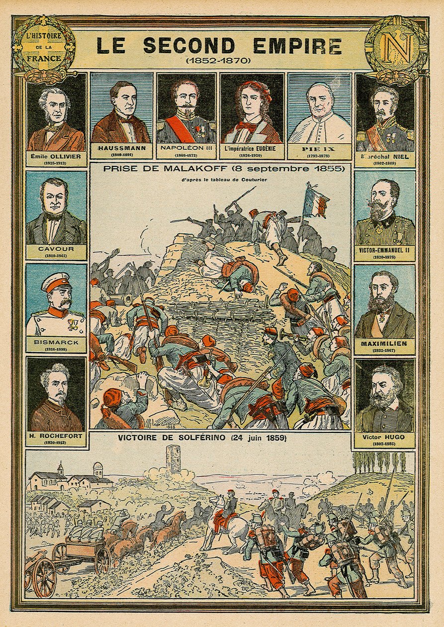 Drugie Cesarstwo 1852-1870 - zdobycie Malakoff 8 września 1855 - zwycięstwo Solferino 24 czerwca 1859 - Emile Ollivier, Baron Haussmann, Napoleon III, Cesarz Eugenia, papież Pius IX, marszałek Niel, Victor Emmanuel (Vittorio Emanuel) (Vittorio Emanuel) II  autorstwa Emile Antoine Bayard