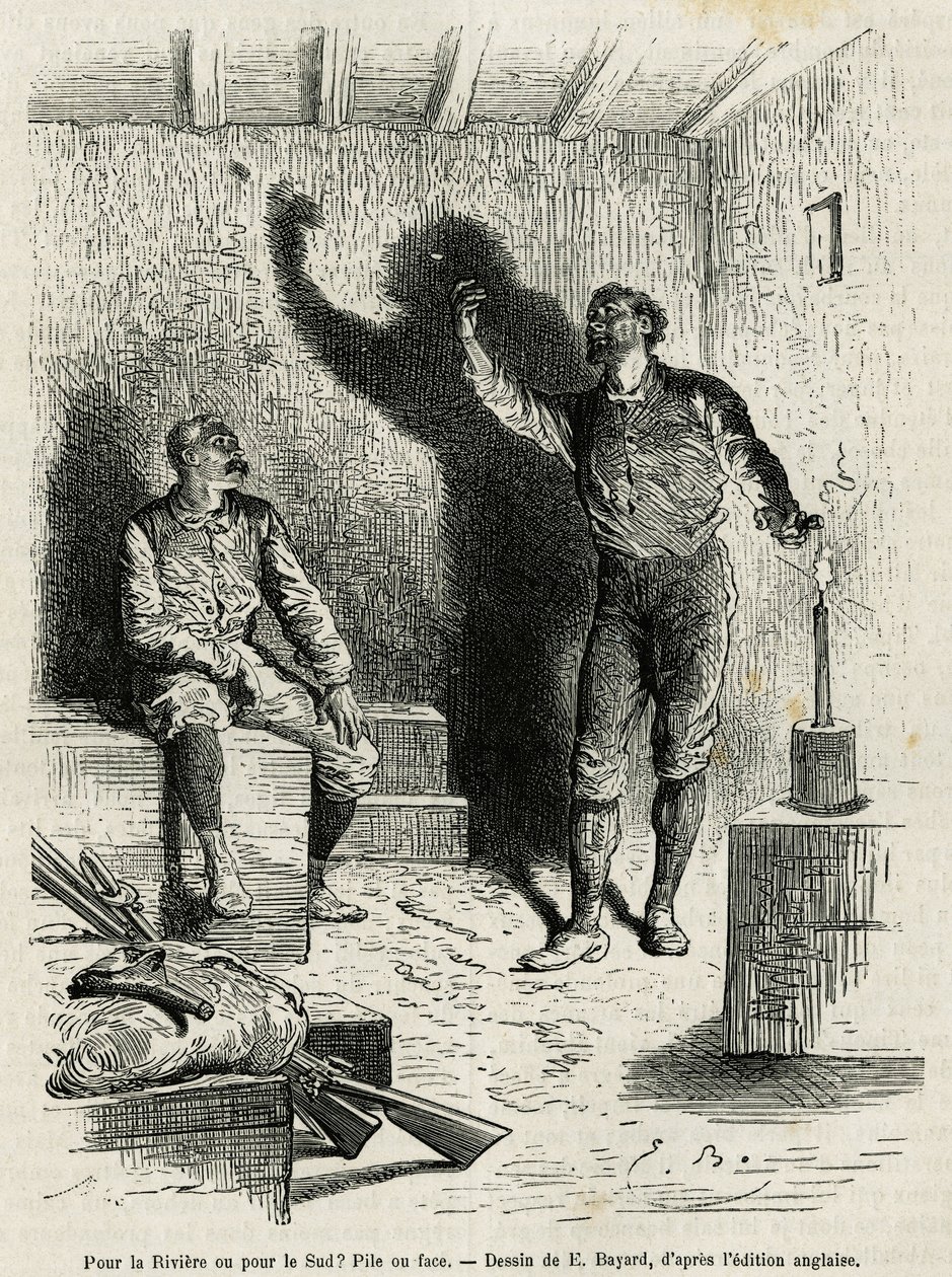Sir Henri Morton Stanley (1841-1904) i Franck Pock, jego towarzysz eksploracji, zdecydowali, na podstawie rysunku Emile