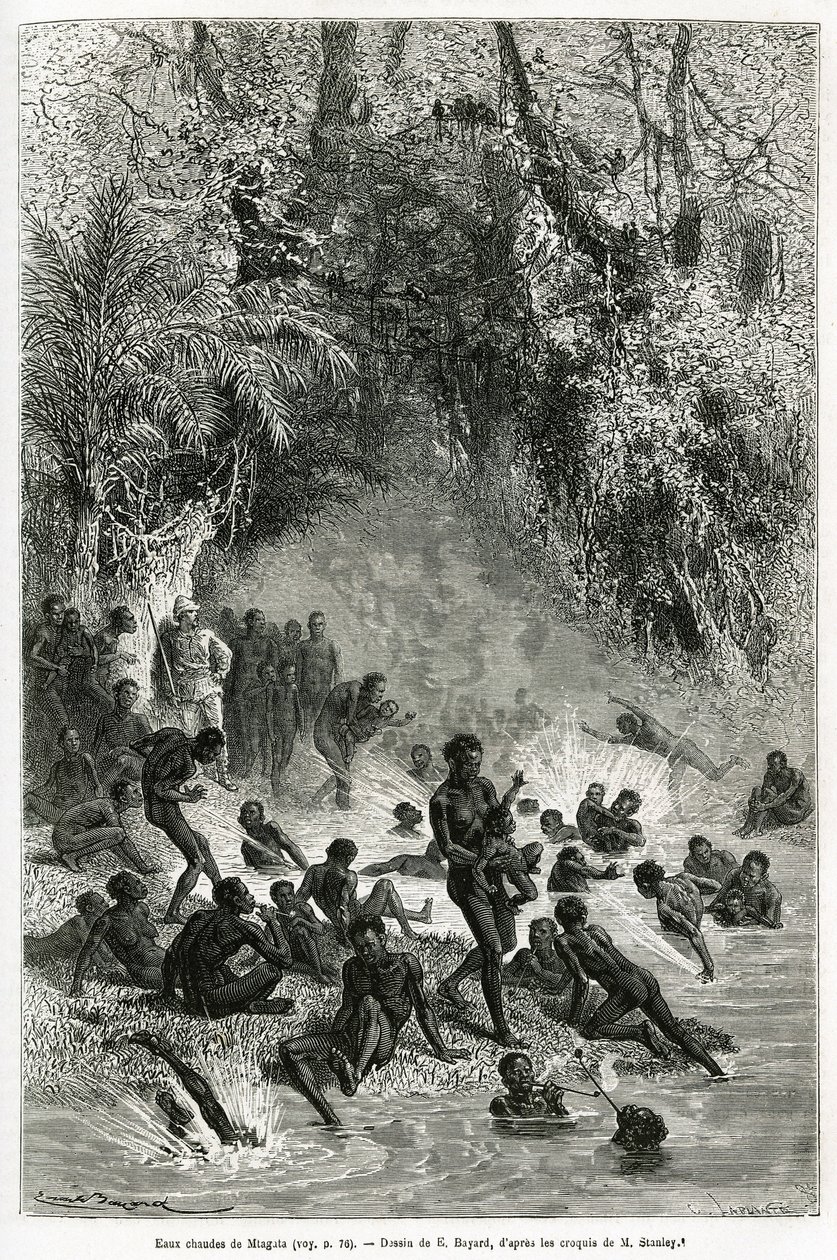 Sir Henri Morton Stanley (1841-1904) wśród kąpiących się w regionie Karagoue (Kamerun), którzy zanurzają się w basenie z gorącą i leczniczą wodą wąwozu Mtagata, rys. Emile Bayard, aby zilustrować historię „Przez tajemniczego Kontynent”, a autorstwa Emile Antoine Bayard