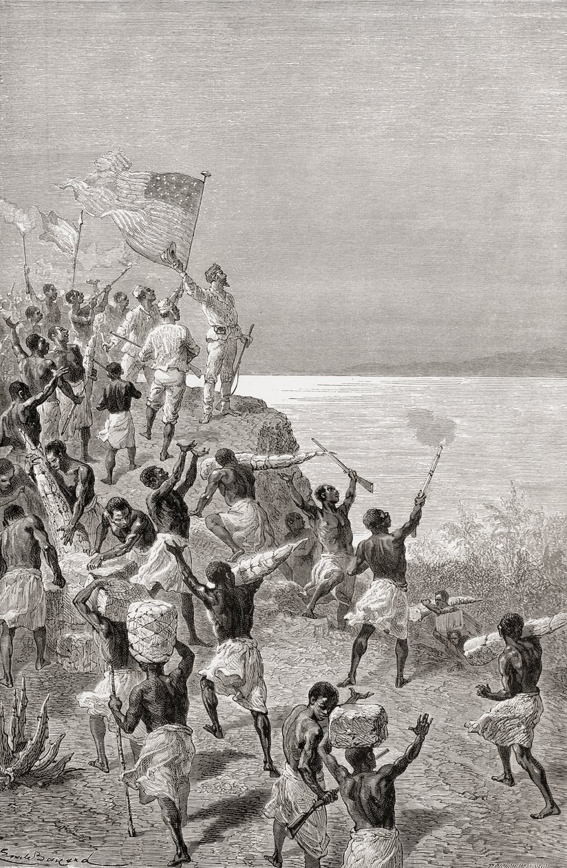 Stanley i jego pierwsza obserwacja Tanganiki w Afryce Wschodniej w 1872 r., ilustracja ze „Świata w dłoniach”, opublikowana w 1878 r. autorstwa Emile Antoine Bayard
