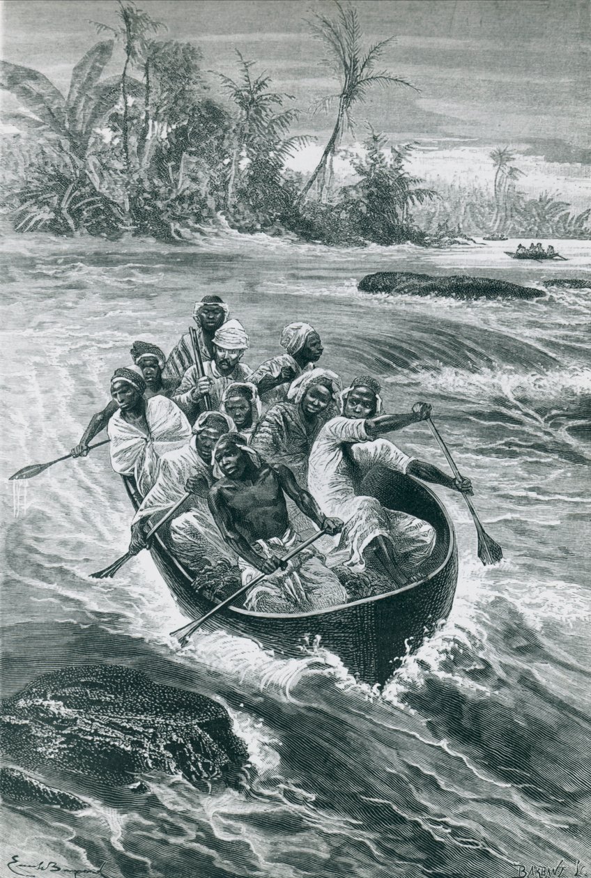 Stanley pokonuje bystrza na rzece Kongo, rys. Emile Bayard autorstwa Emile Antoine Bayard