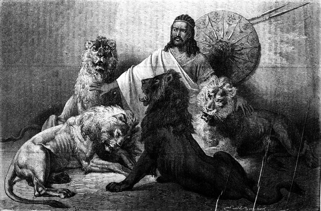 Cesarz (ras) Theodoros z Abisynii w otoczeniu swoich lwów. rycina z połowy XIX wieku. Ilustracja autorstwa Emile