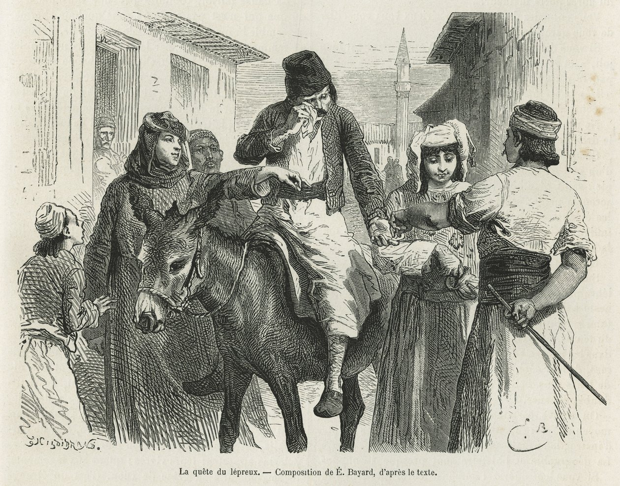 The Leproux Quest in Chio, rysunek Emile Bayard, aby zilustrować historię „Wyspa Chio” (wschodnia Turcja), w 1877 r., autorstwa dr A.Testevuide. Grawerowanie w Le tour du monde autorstwa Emile Antoine Bayard