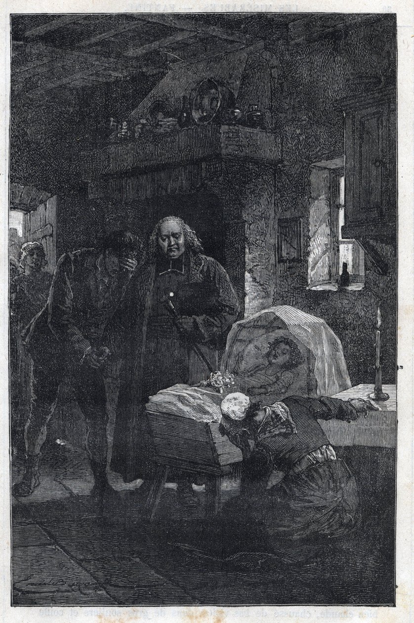 Myriel Eveque z rodziną w żałobie – ilustracja Emile Bayard (1837-1891) do „Nędzników – pierwsza część: Fantine” Victora Hugo (1802-1885) 1862 autorstwa Emile Antoine Bayard