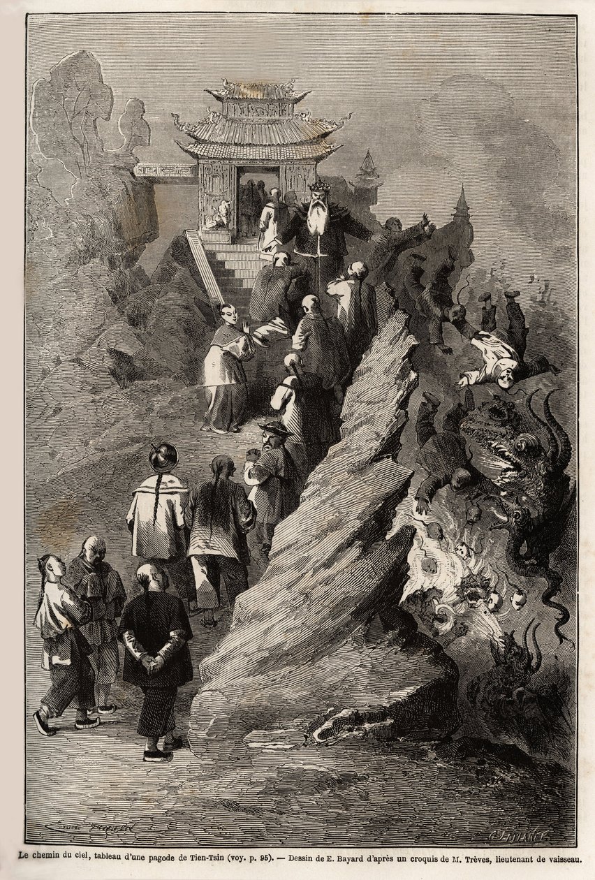 Droga Nieba, rysunek E.Bayarda, na podstawie obrazu z pagody do Tien Tsin, ilustrującego podróż z Szanghaju do Moskwy w latach 1859-1862, autorstwa M.de Bourboulon, ministra Francji w Chinach. Grawerowanie w „” Le tour du monde””, pod redakcją Edou autorstwa Emile Antoine Bayard