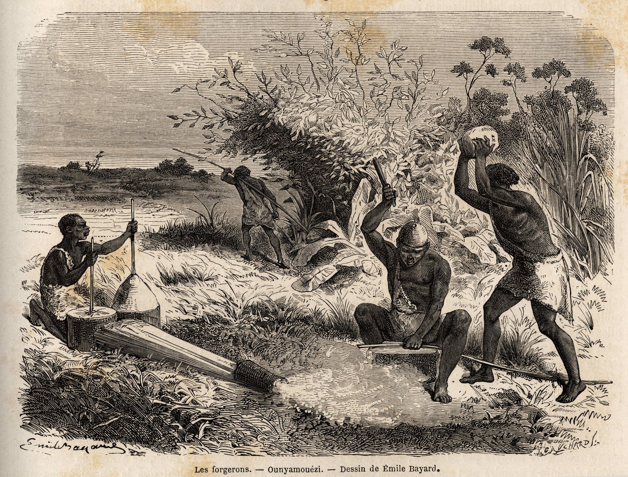 Kowale, w ounyamouezi (region Wielkich Jezior, Afryka), rysunek Emile Bayard (1837-1891), ilustrujący podróż odkrywczą w Afryce, od 1860 do 1863 kapitana Speke. Grawerowanie w „”Le tour du monde””, pod redakcją Edouarda Chartona autorstwa Emile Antoine Bayard