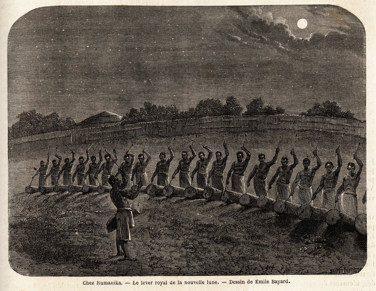 Ceremonia wstawienia bębnów na wschody księżyca na czele plemienia Rumanika w Karague (na zachód od Jeziora Wiktorii, w dzisiejszym Zimbabwe), rysunek Emile Bayard (1837-1891), ilustrujący podróż kapitana Speke odkrycia w Afryce od 186 autorstwa Emile Antoine Bayard