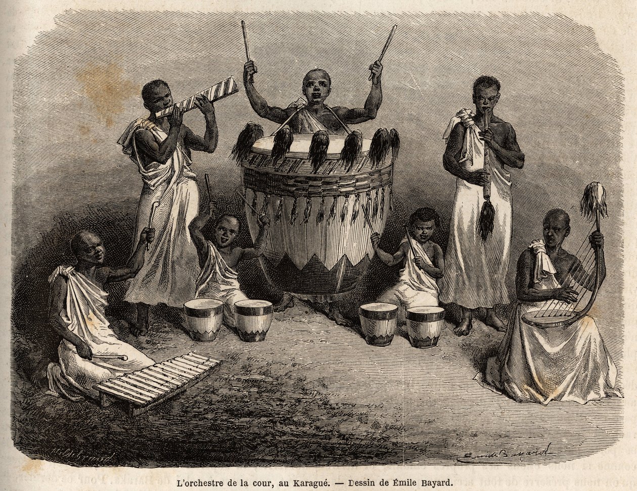 Orkiestra dworska w Karague (na zachód od Jeziora Wiktorii, dzisiejsze Zimbabwe), rysunek Emile